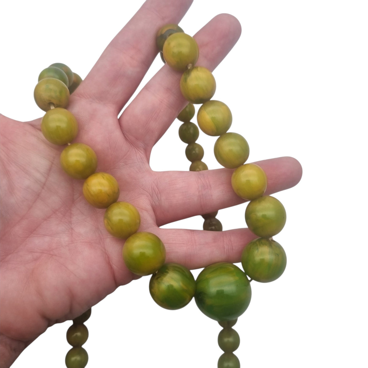 Antique Art Deco apple green bakelite bead necklace, circa 1930