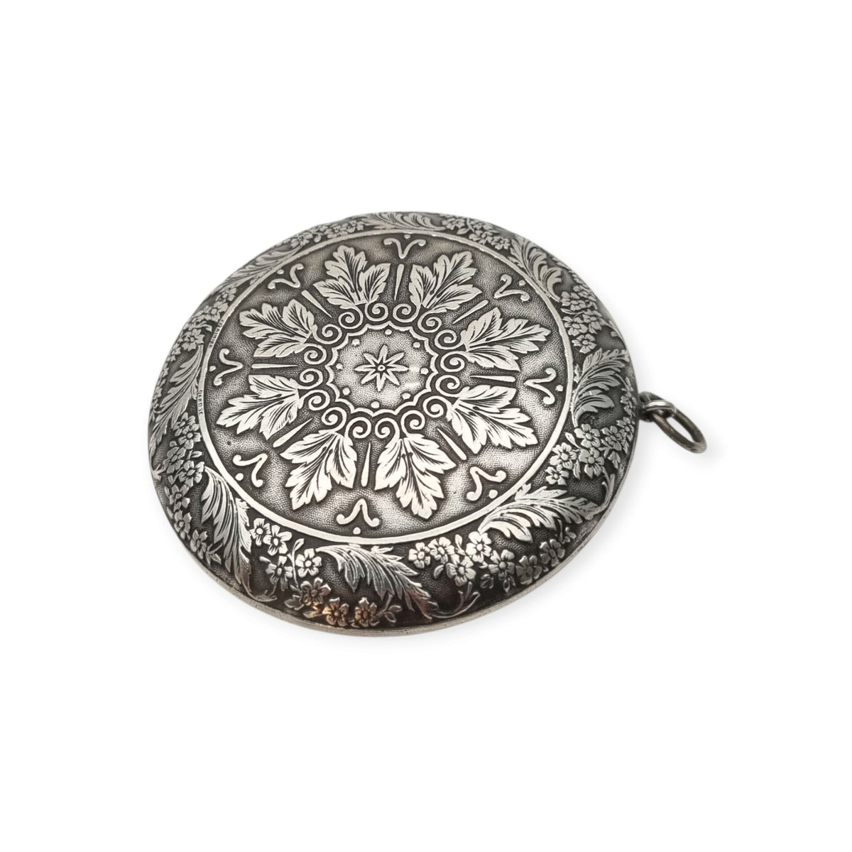 Caja antigua de plata francesa para chatelaine con decoración floral, ca. 1910–1930