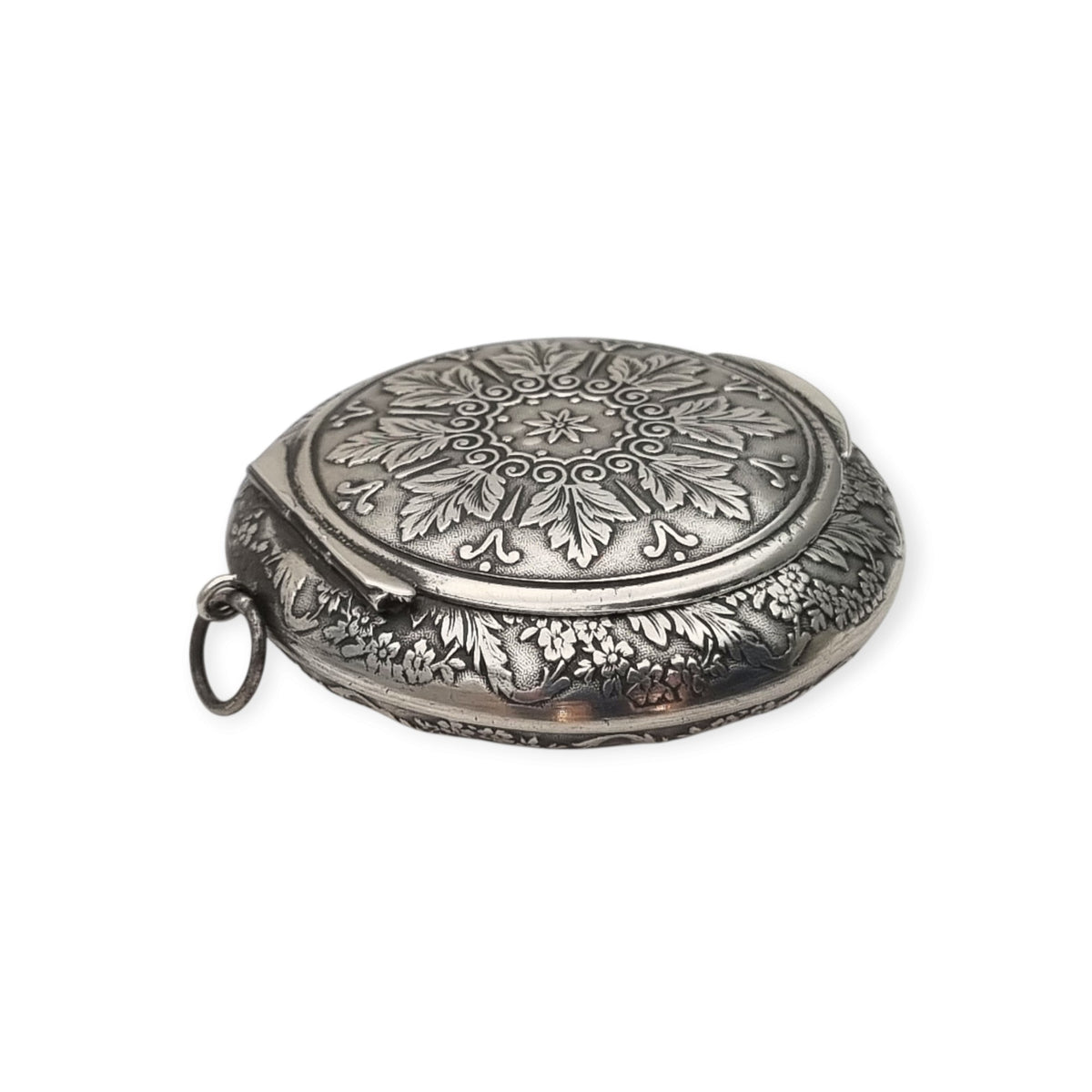 Caja antigua de plata francesa para chatelaine con decoración floral, ca. 1910–1930