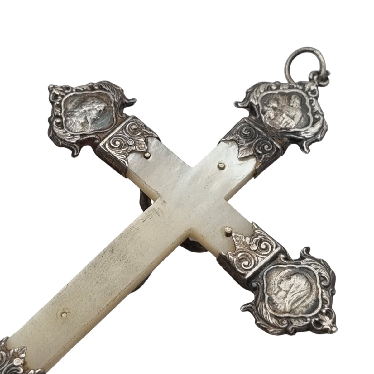 Antique silver and mother-of-pearl crucifix with religious medallions, Belle Époque, circa 1900