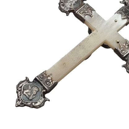 Antique silver and mother-of-pearl crucifix with religious medallions, Belle Époque, circa 1900