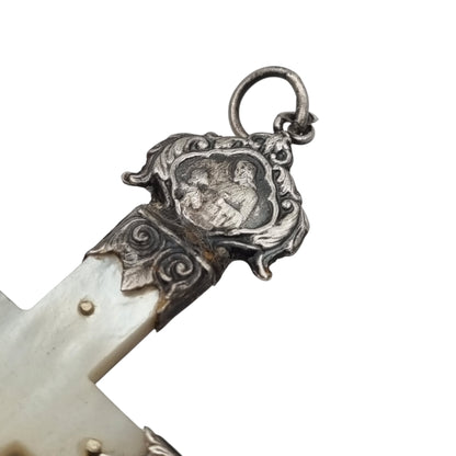 Antique silver and mother-of-pearl crucifix with religious medallions, Belle Époque, circa 1900