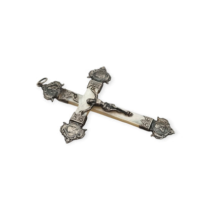 Antique silver and mother-of-pearl crucifix with religious medallions, Belle Époque, circa 1900