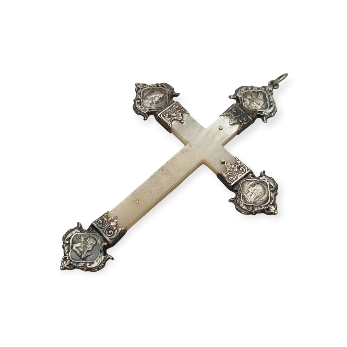 Antique silver and mother-of-pearl crucifix with religious medallions, Belle Époque, circa 1900