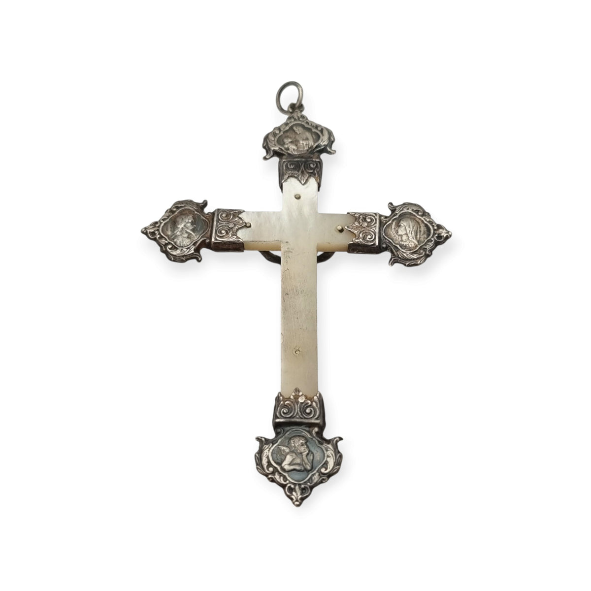 Antique silver and mother-of-pearl crucifix with religious medallions, Belle Époque, circa 1900