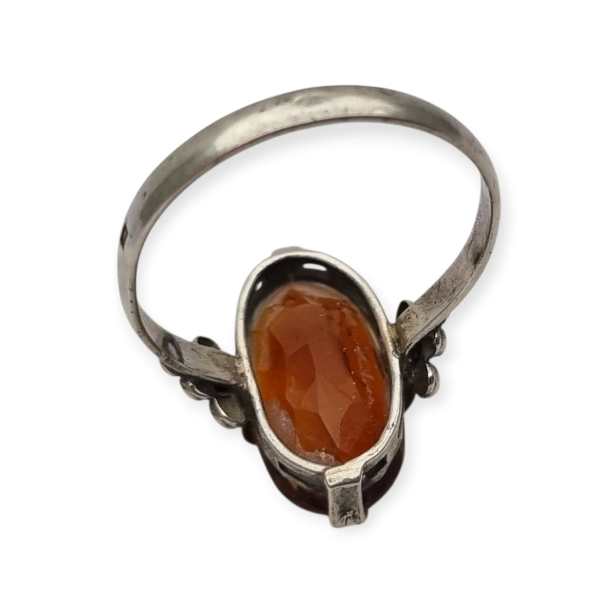 Vintage Art Deco silver ring with cognac-colored glass and geometric decoration, Europe, ca. 1950–1960