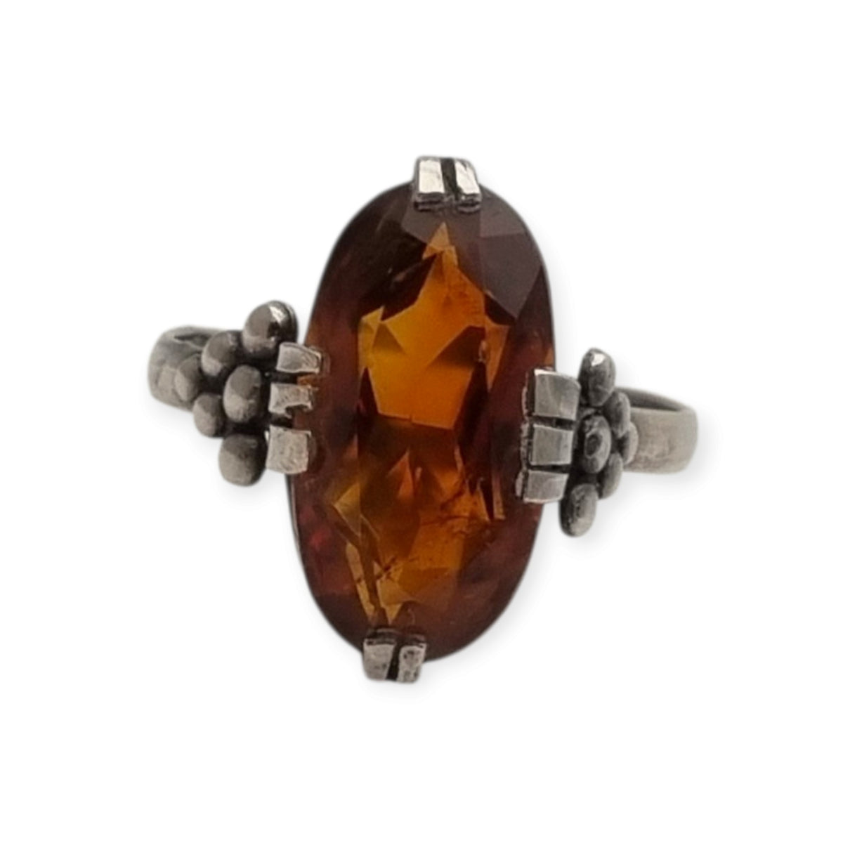 Vintage Art Deco silver ring with cognac-colored glass and geometric decoration, Europe, ca. 1950–1960