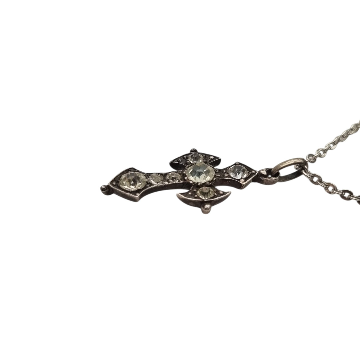 Antique Victorian silver necklace with cross and faceted gemstones, Europe, ca. 1880–1910