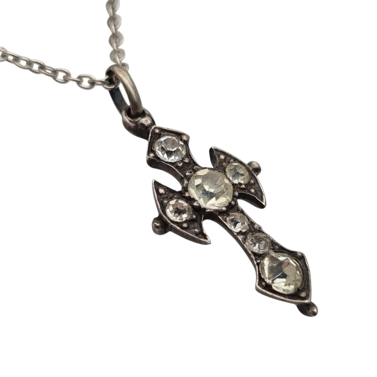 Antique Victorian silver necklace with cross and faceted gemstones, Europe, ca. 1880–1910