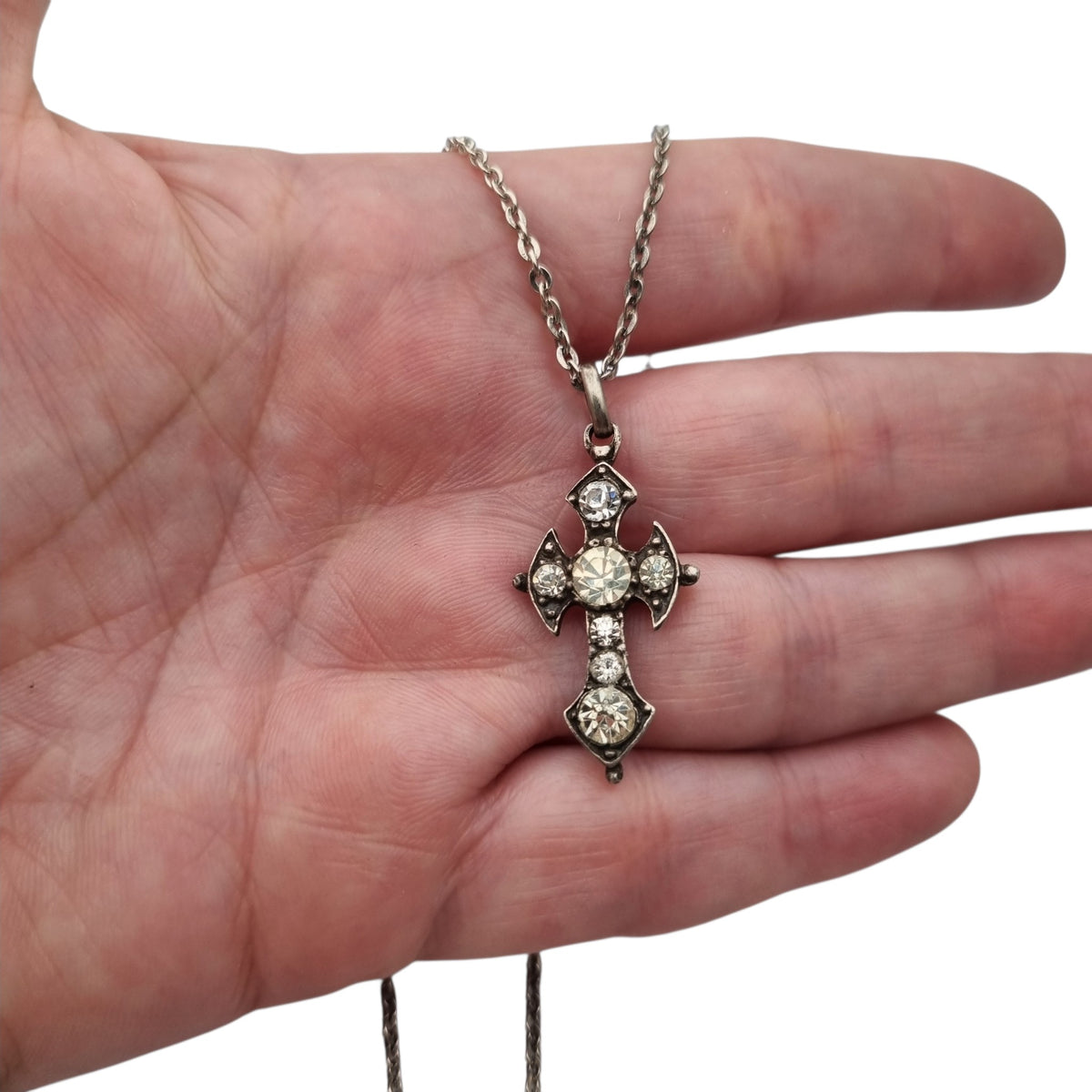 Antique Victorian silver necklace with cross and faceted gemstones, Europe, ca. 1880–1910