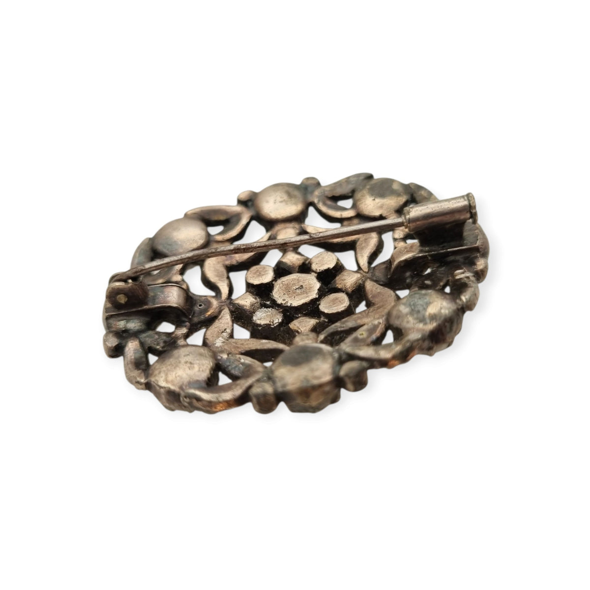 Vintage Art Deco costume jewelry brooch with rhinestones and floral decoration, Hollywood style, Europe, ca. 1940–1950