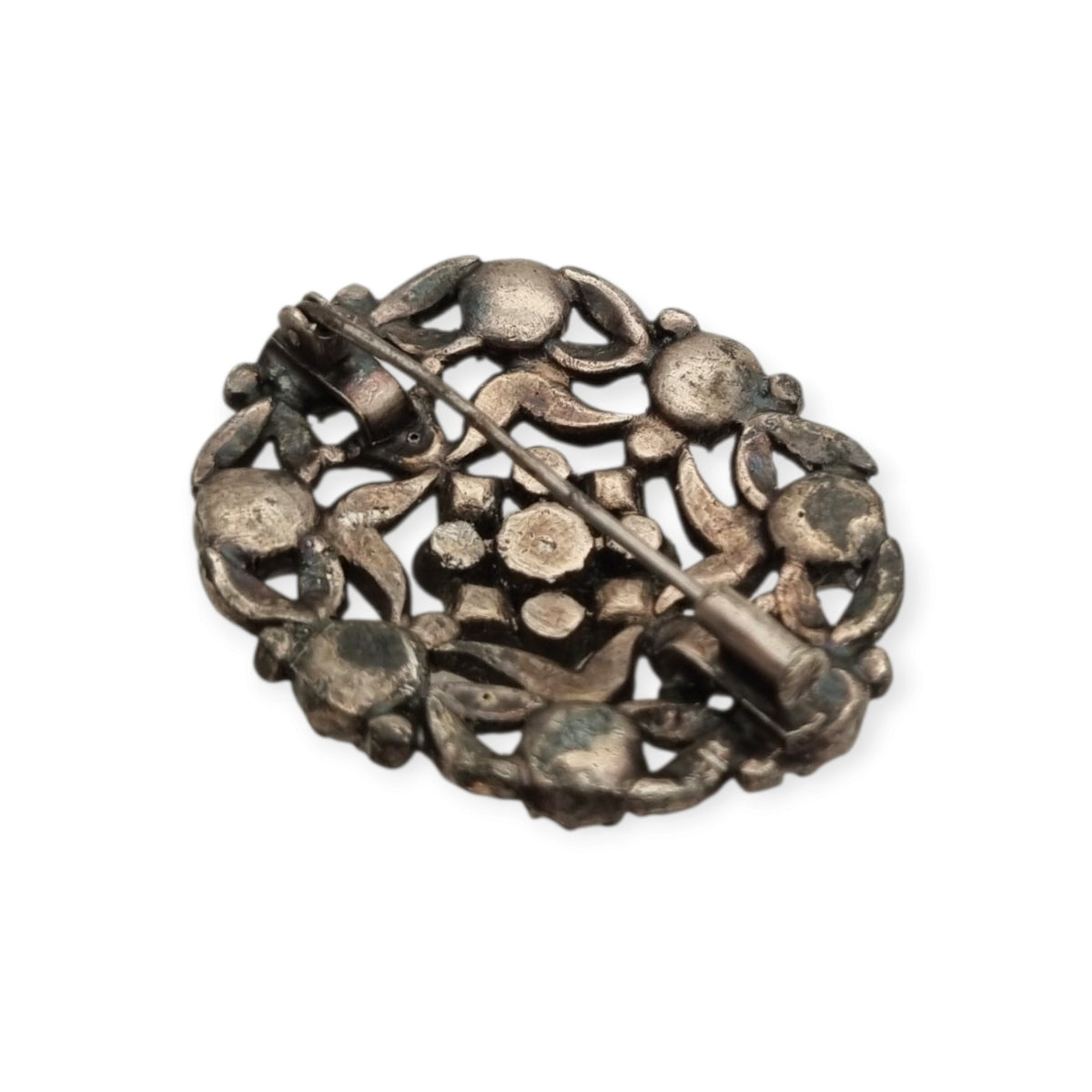 Vintage Art Deco costume jewelry brooch with rhinestones and floral decoration, Hollywood style, Europe, ca. 1940–1950