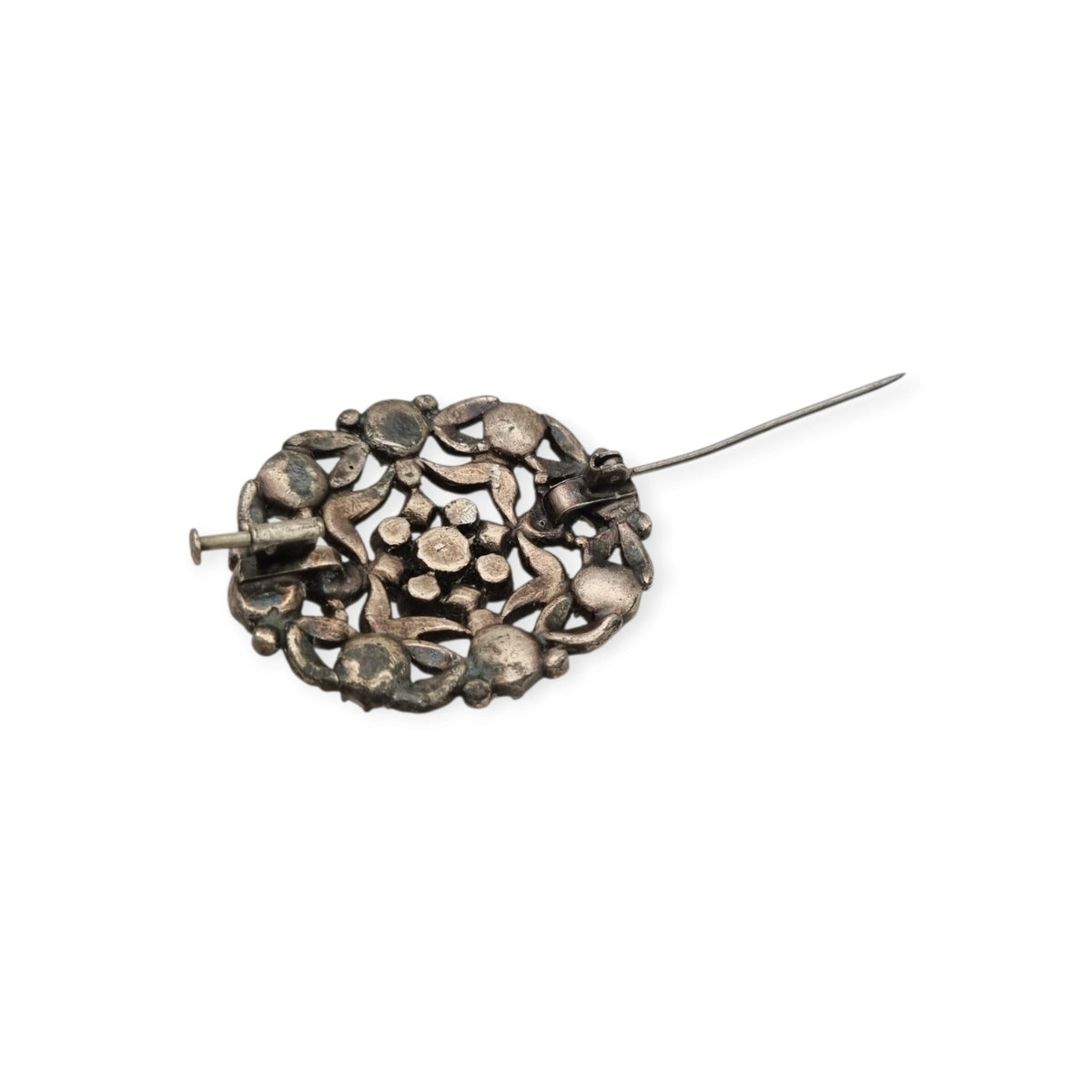 Vintage Art Deco costume jewelry brooch with rhinestones and floral decoration, Hollywood style, Europe, ca. 1940–1950