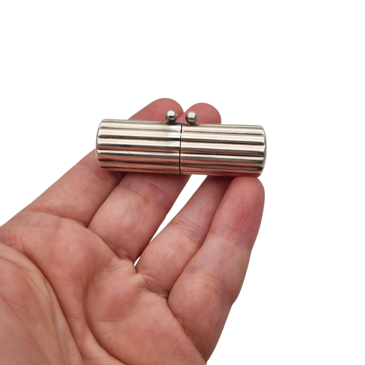 Estuche caja cilíndrico vintage de diseño en plata 925 acanalada, Milán, ca. 1940–1960