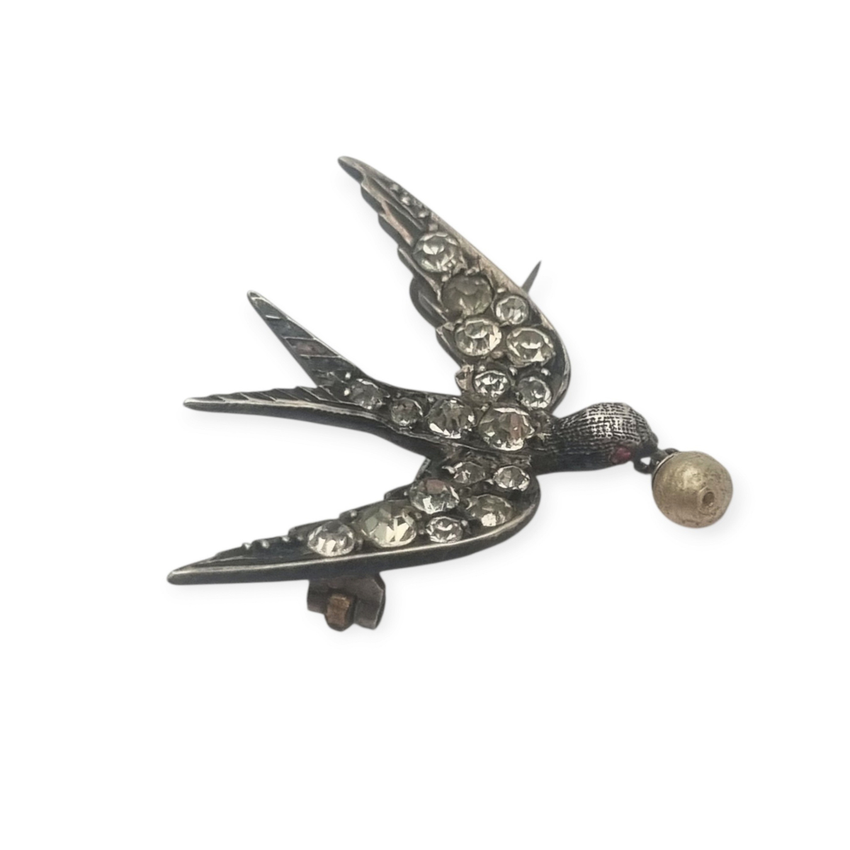 Antique Victorian Sentimental Silver Swallow Brooch with Paste and Pearl, circa 1900
