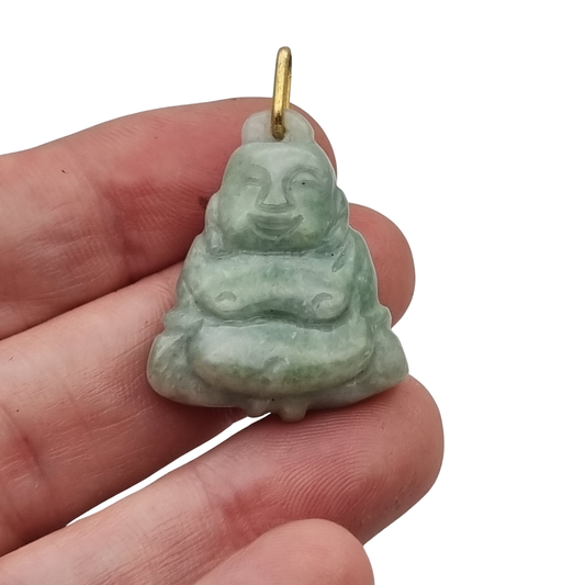 Vintage 1970s Buddha Pendant in Green Jade, Carved Figure Amulet with Gold Tone Bail