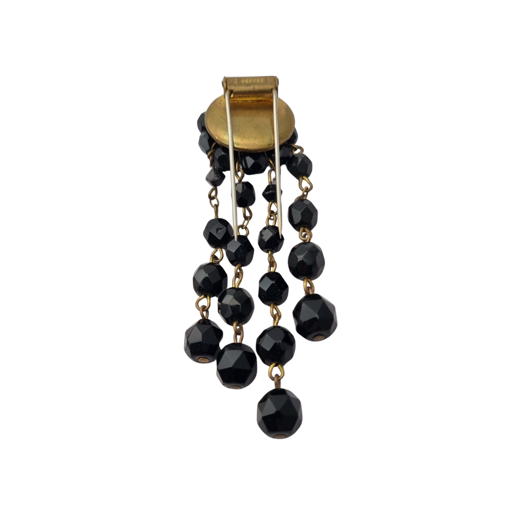 Broche fur clip vintage francés Déposé, cuentas negras facetadas en cascada, años 1940-1950