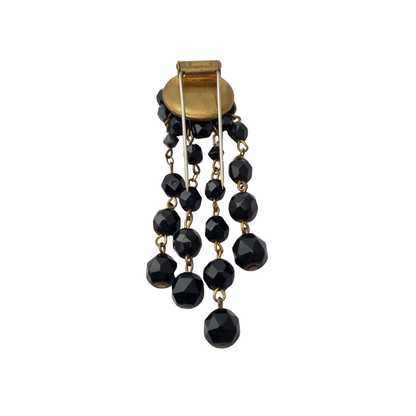 Broche fur clip vintage francés Déposé, cuentas negras facetadas en cascada, años 1940-1950