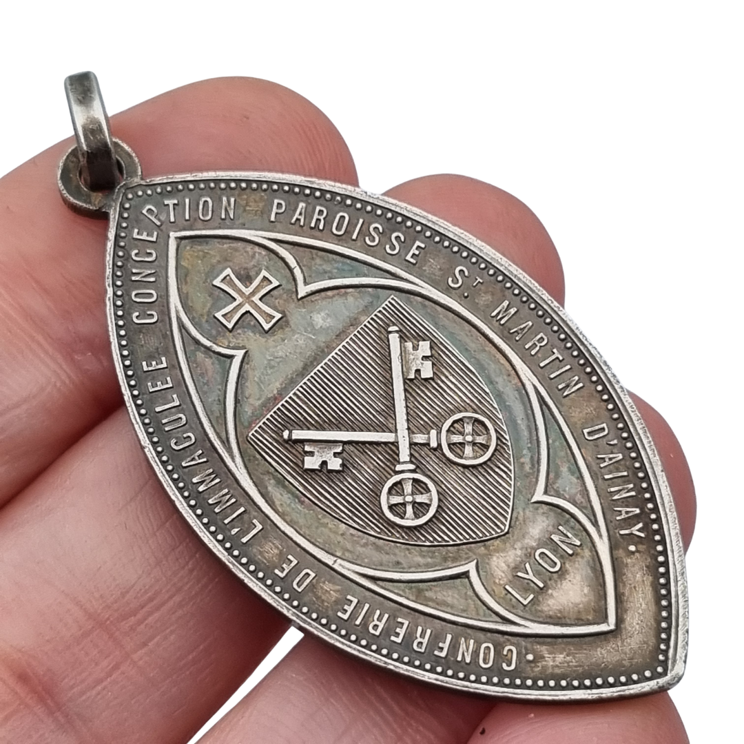 Antique religious medal in silver, Immaculate Virgin, Lyon circa 190