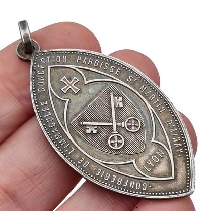 Antique religious medal in silver, Immaculate Virgin, Lyon circa 190