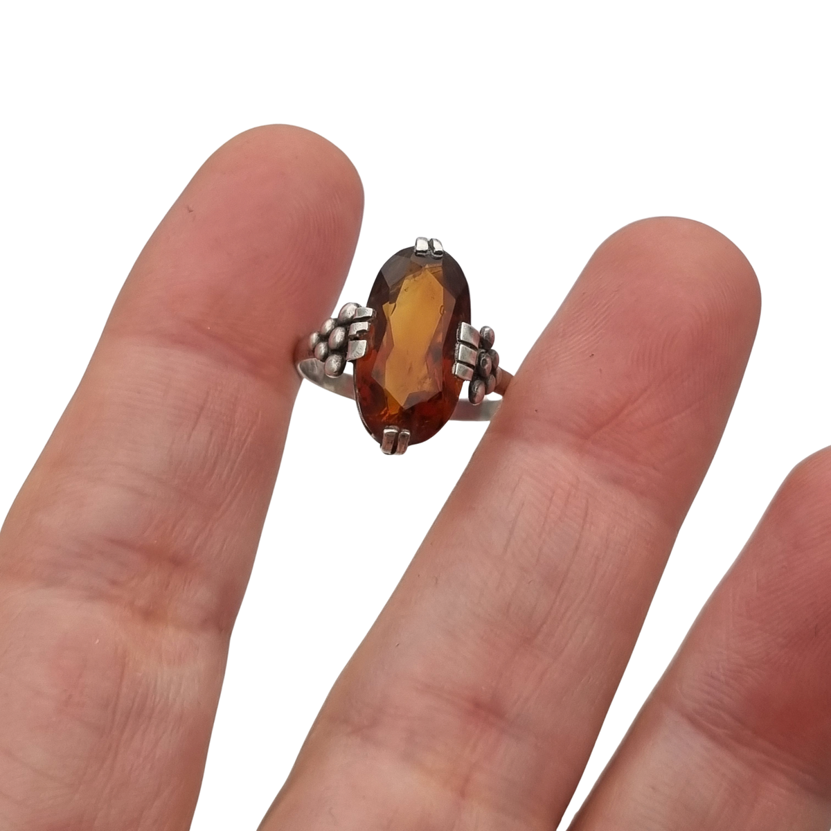 Vintage Art Deco silver ring with cognac-colored glass and geometric decoration, Europe, ca. 1950–1960