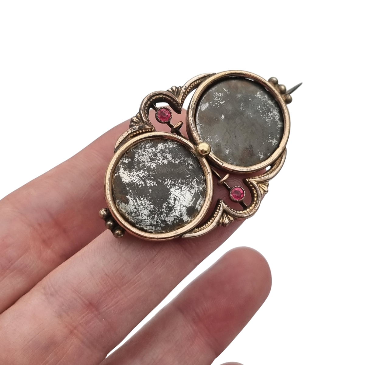 Antique Victorian Gold Double Photo Locket Brooch, Hair Jewelry with Red Stones, ca. 1870–1890