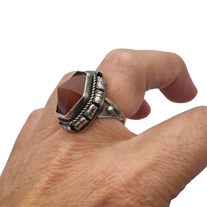 Late Art Deco sterling silver faceted carnelian ring circa 1940-1950