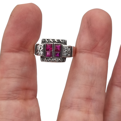 French Art Deco sterling silver ruby and white gemstone ring, circa 1930.