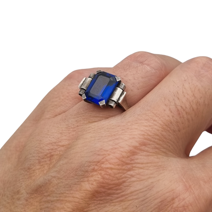 Vintage Art Deco silver ring with a faceted blue stone, Europe, ca. 1930–1940