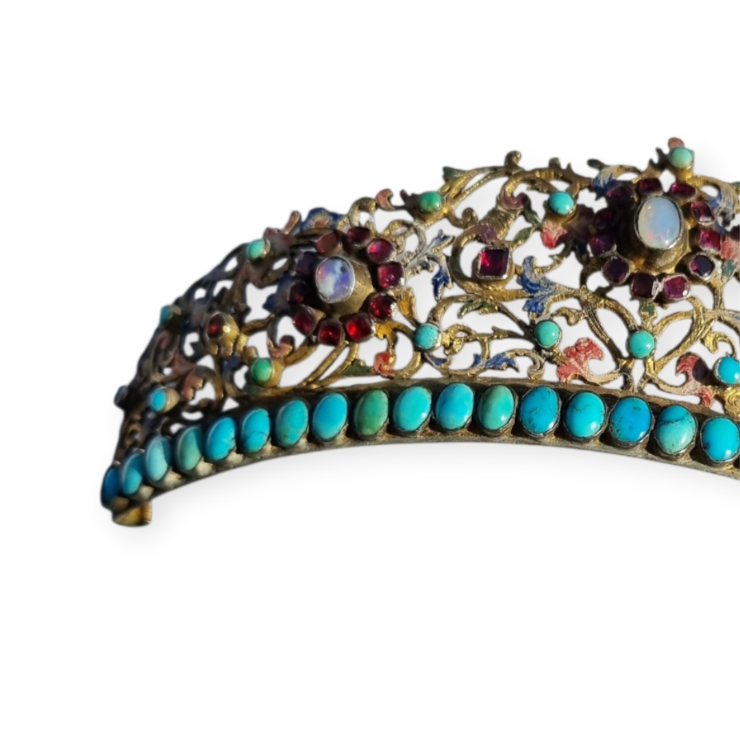 Austro-Hungarian Victorian tiara in gilded silver with turquoise, garnets, and moonstone, late Romantic, c. 1880–1900