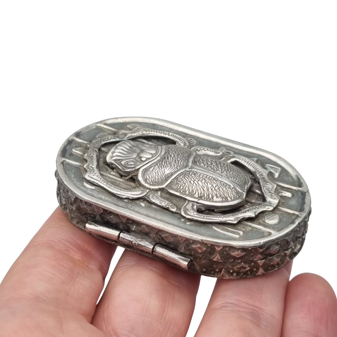 Egyptian silver box with scarab, Egyptian Revival decoration, and hieroglyphic motifs, 20th century, ca. 1945–1970
