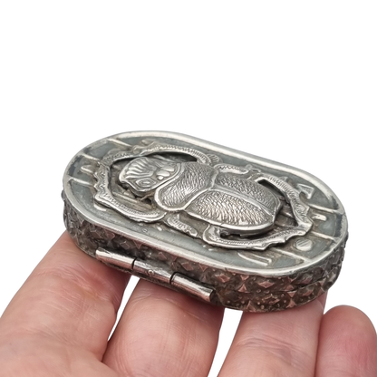 Egyptian silver box with scarab, Egyptian Revival decoration, and hieroglyphic motifs, 20th century, ca. 1945–1970