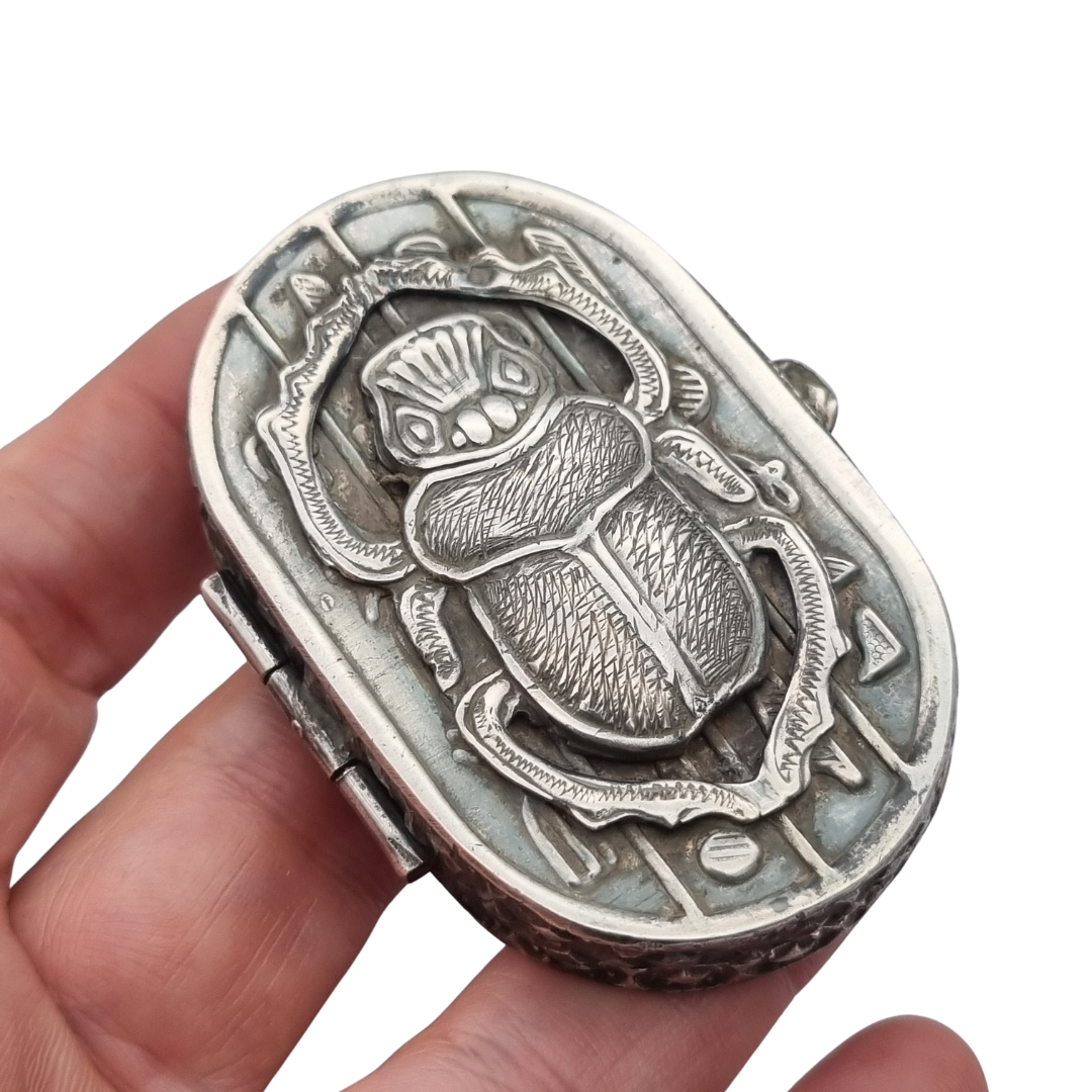 Egyptian silver box with scarab, Egyptian Revival decoration, and hieroglyphic motifs, 20th century, ca. 1945–1970