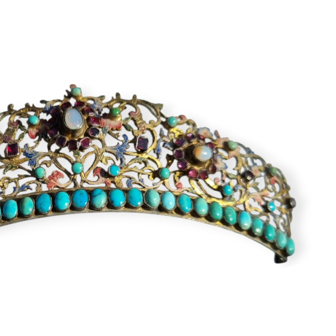 Austro-Hungarian Victorian tiara in gilded silver with turquoise, garnets, and moonstone, late Romantic, c. 1880–1900