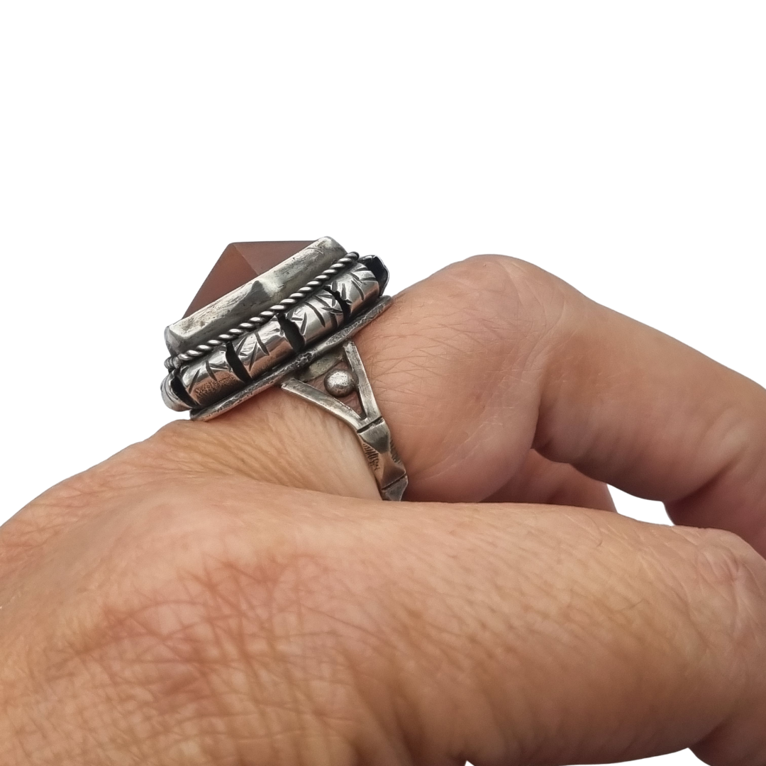 Late Art Deco sterling silver faceted carnelian ring circa 1940-1950