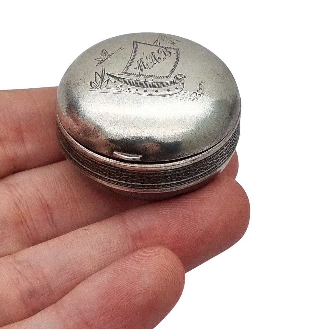 Antique German round .800 silver box engraved with ship and monogram, circa 1900