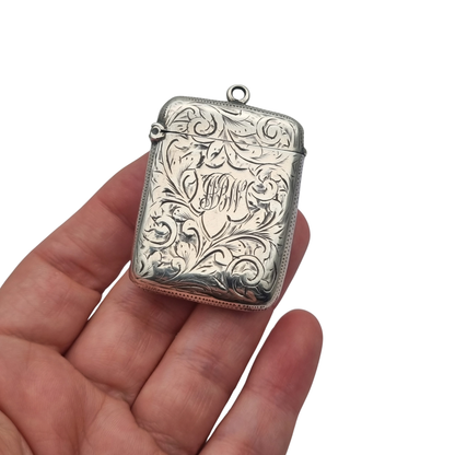 Cerillera vesta eduardiana de plata sterling grabada, William Manton, Birmingham 1902