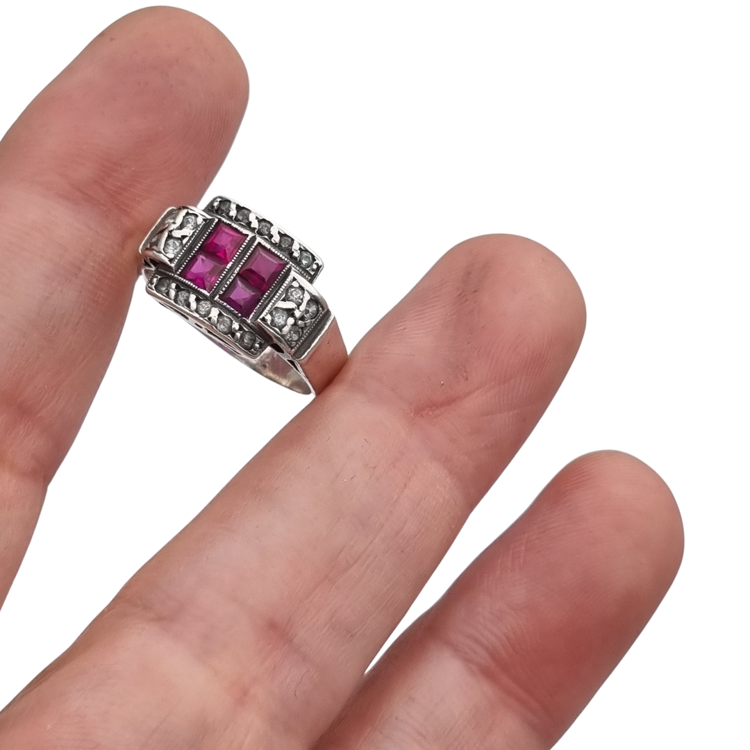 French Art Deco sterling silver ruby and white gemstone ring, circa 1930.