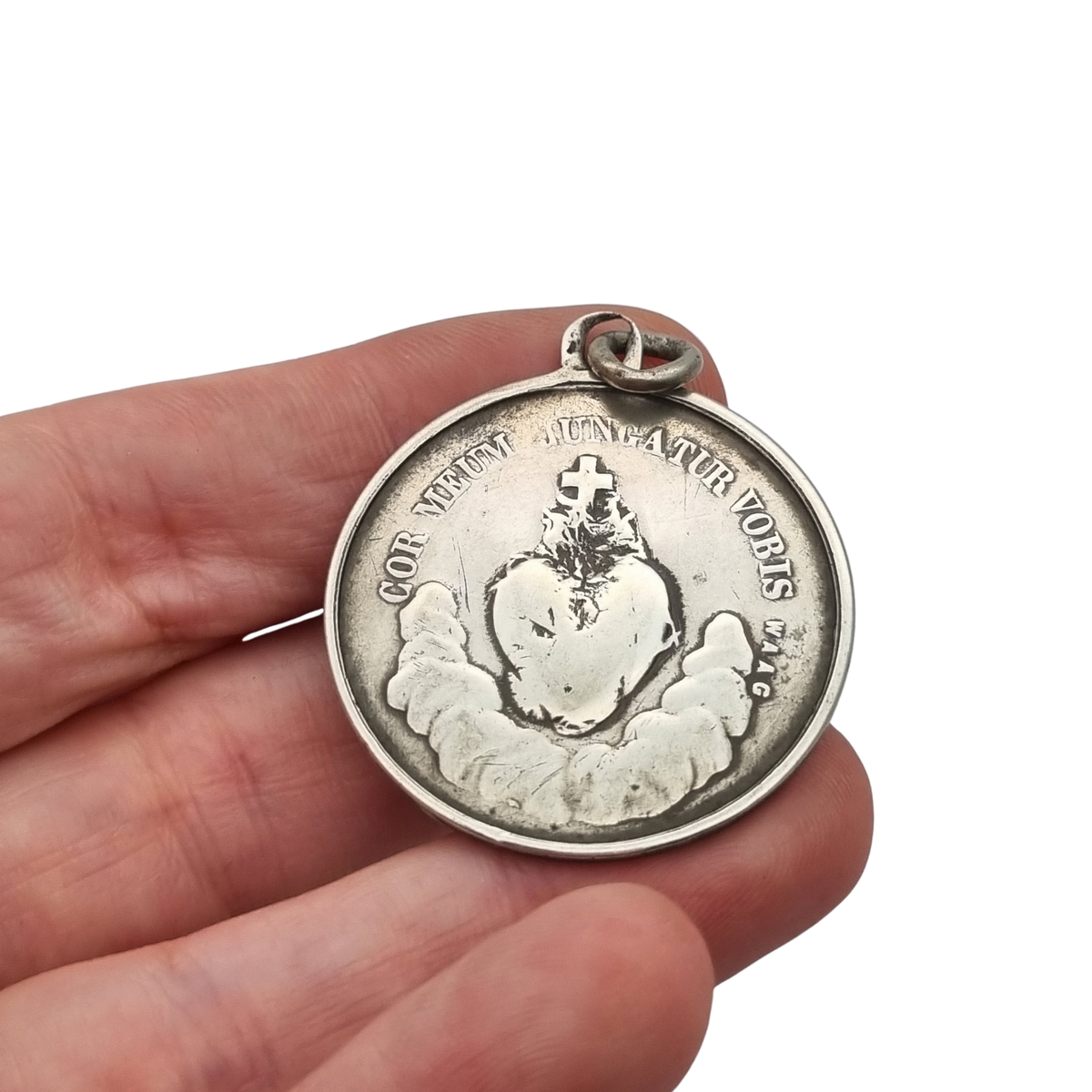French silver medal of the Immaculate Conception and Sacred Heart, signed Waag, ca. 1880-1905