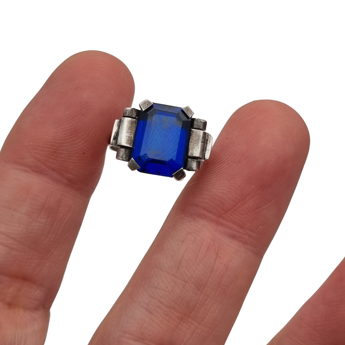 Vintage Art Deco silver ring with a faceted blue stone, Europe, ca. 1930–1940