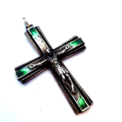 Cruz de plata. esmalte verde cruz antigua joyería