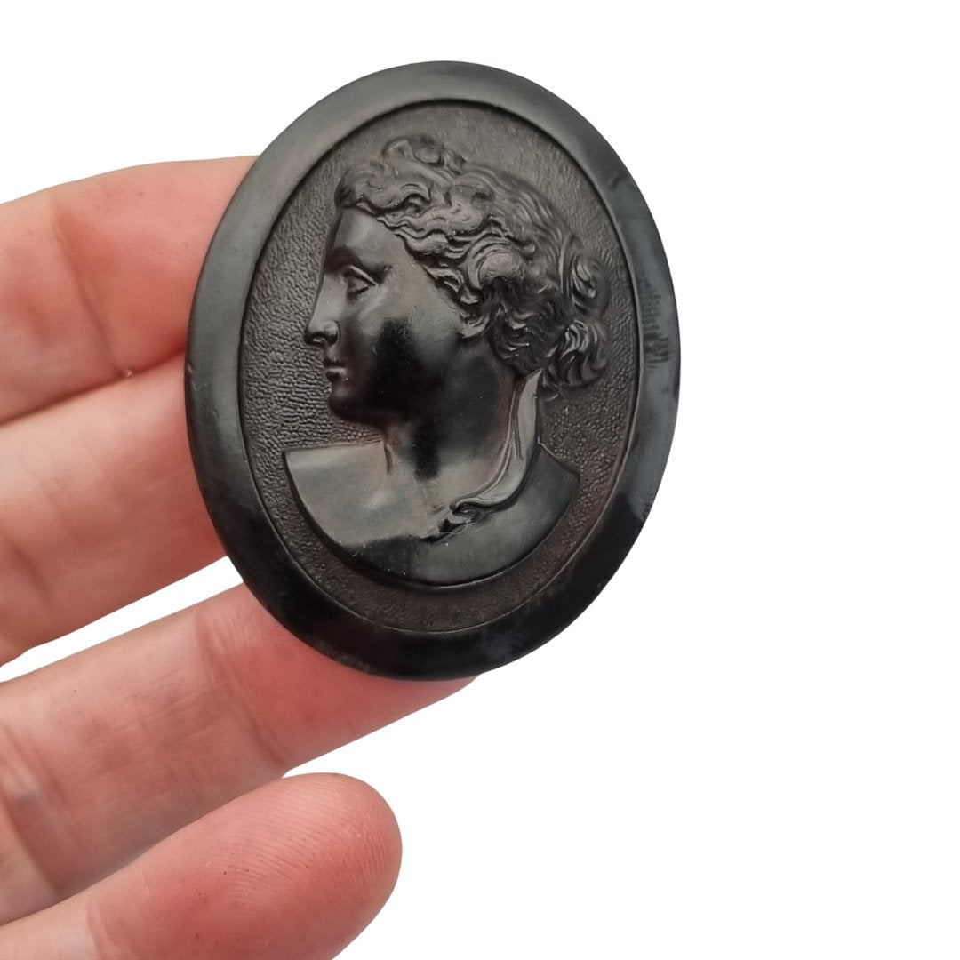 Victorian vulcanite mourning brooch with classic cameo, circa 1890