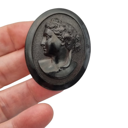 Victorian vulcanite mourning brooch with classic cameo, circa 1890