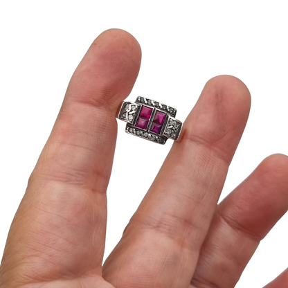 French Art Deco sterling silver ruby and white gemstone ring, circa 1930.