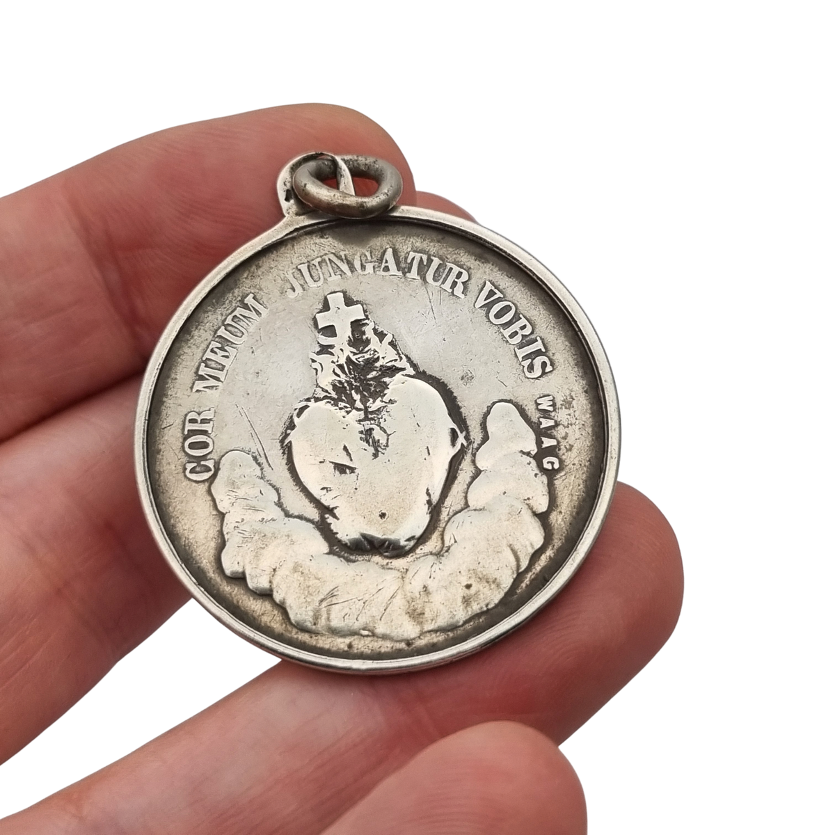 French silver medal of the Immaculate Conception and Sacred Heart, signed Waag, ca. 1880-1905