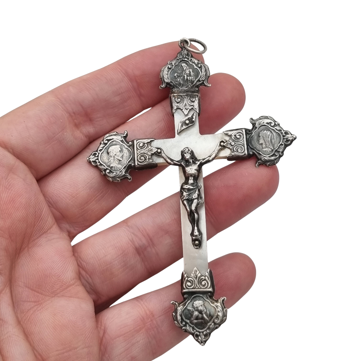 Antique silver and mother-of-pearl crucifix with religious medallions, Belle Époque, circa 1900