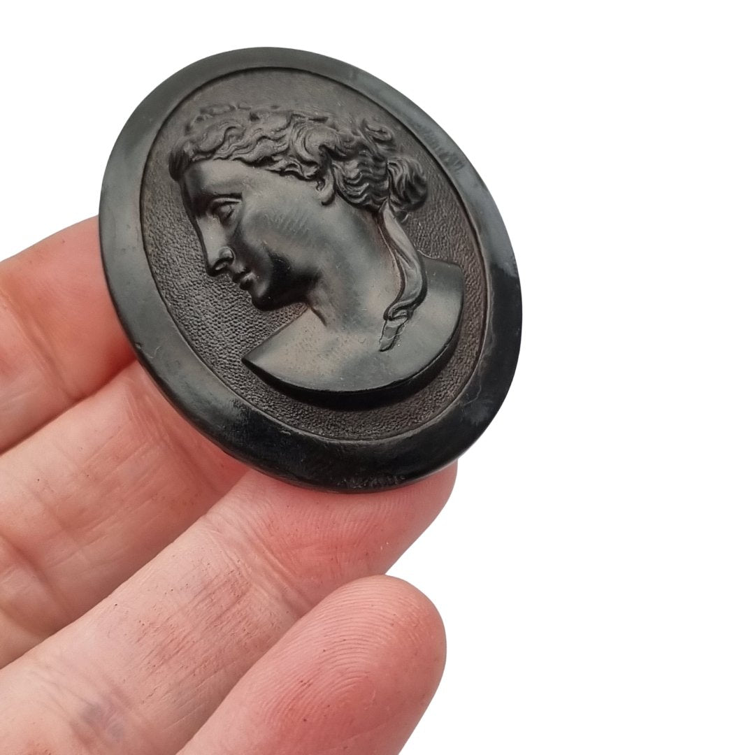 Victorian vulcanite mourning brooch with classic cameo, circa 1890