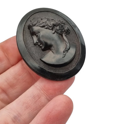Victorian vulcanite mourning brooch with classic cameo, circa 1890