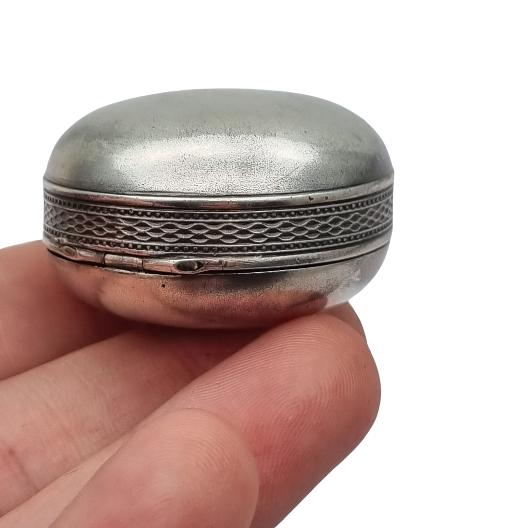 Antique German round .800 silver box engraved with ship and monogram, circa 1900