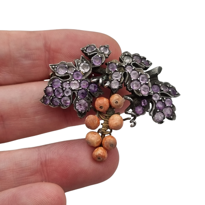Antique gilded silver grape cluster brooch with amethysts, Victorian Naturalist c. 1885-1905